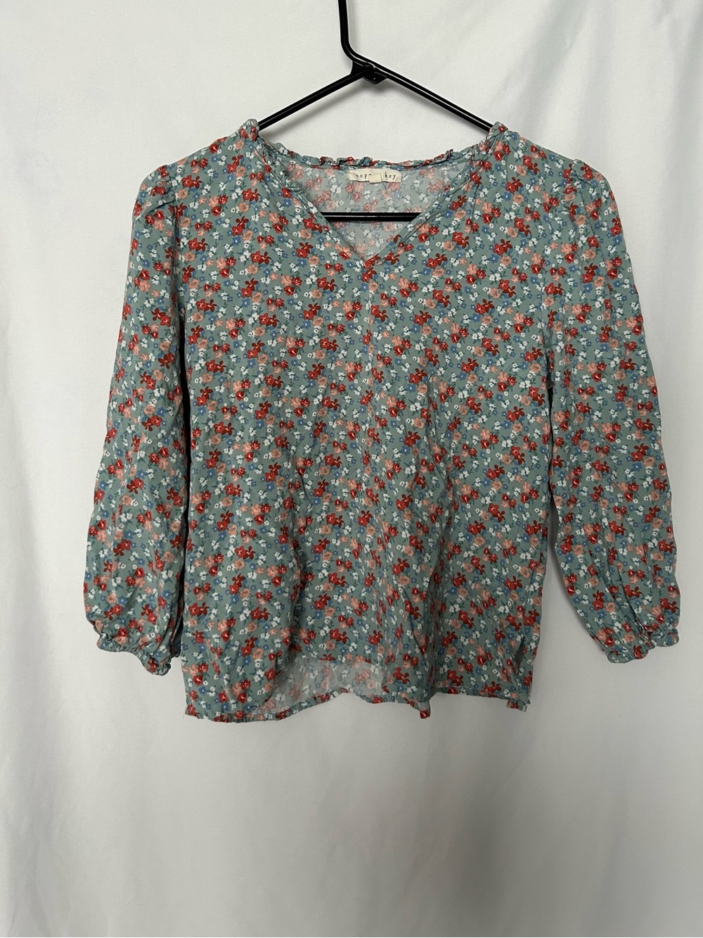 Copper Key Teal Floral V-Neck Puff Sleeve Top